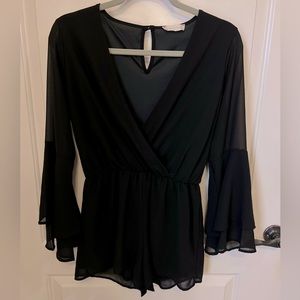 Altar’d State Black Plunge V-Neck Long-Sleeve Chiffon-like Romper - Size S